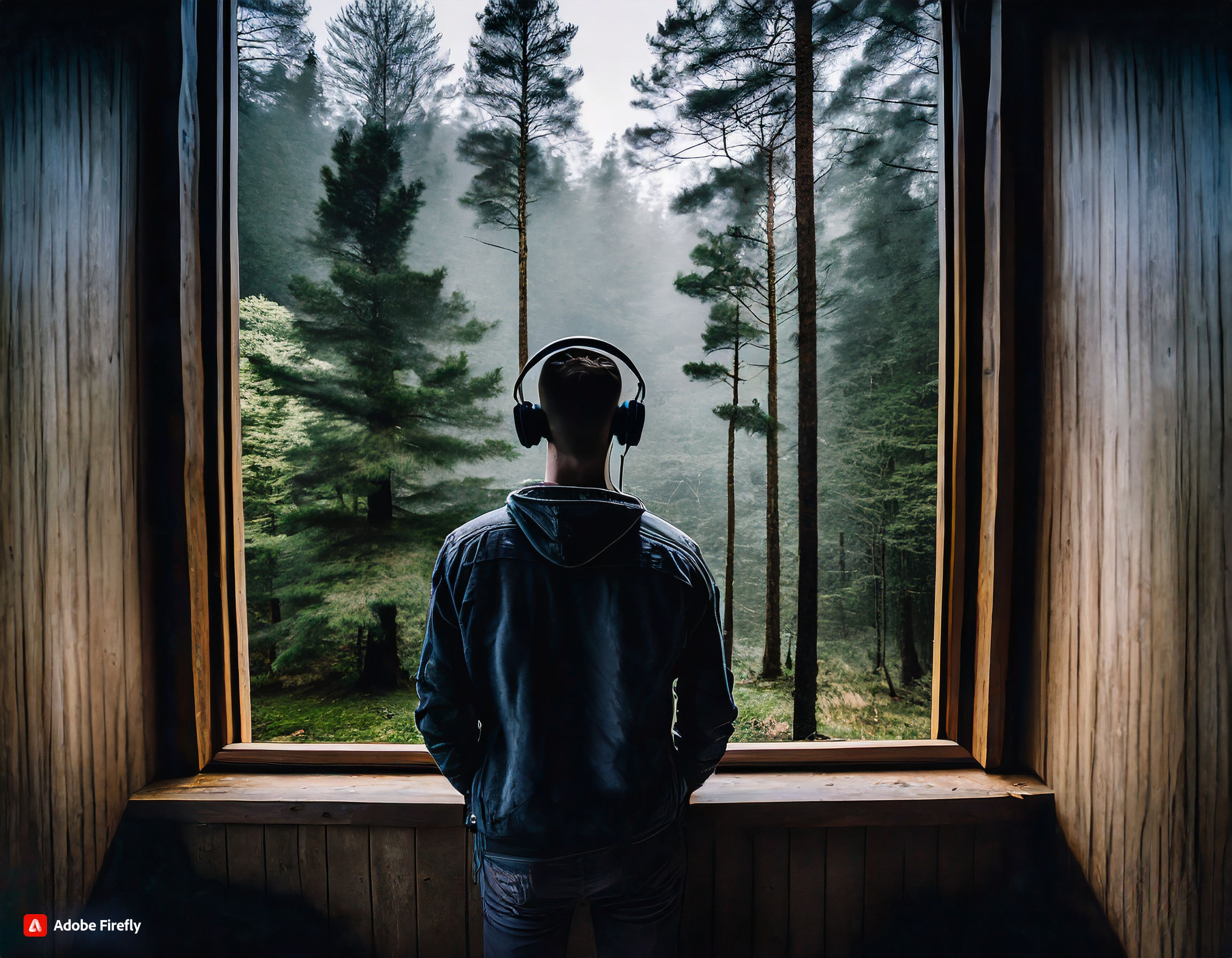 Someone looking by the windows of a dark forest scene; he have headphone
